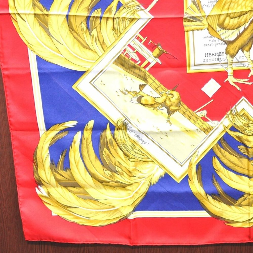 Authentic HERMES Carre 90 Scarf "COMBATS DE COQS" Silk Red Blue - Picture 7 of 16